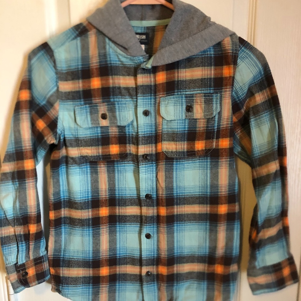Oshkosh Boys turquoise and orange plaid hooded flannel shirt.